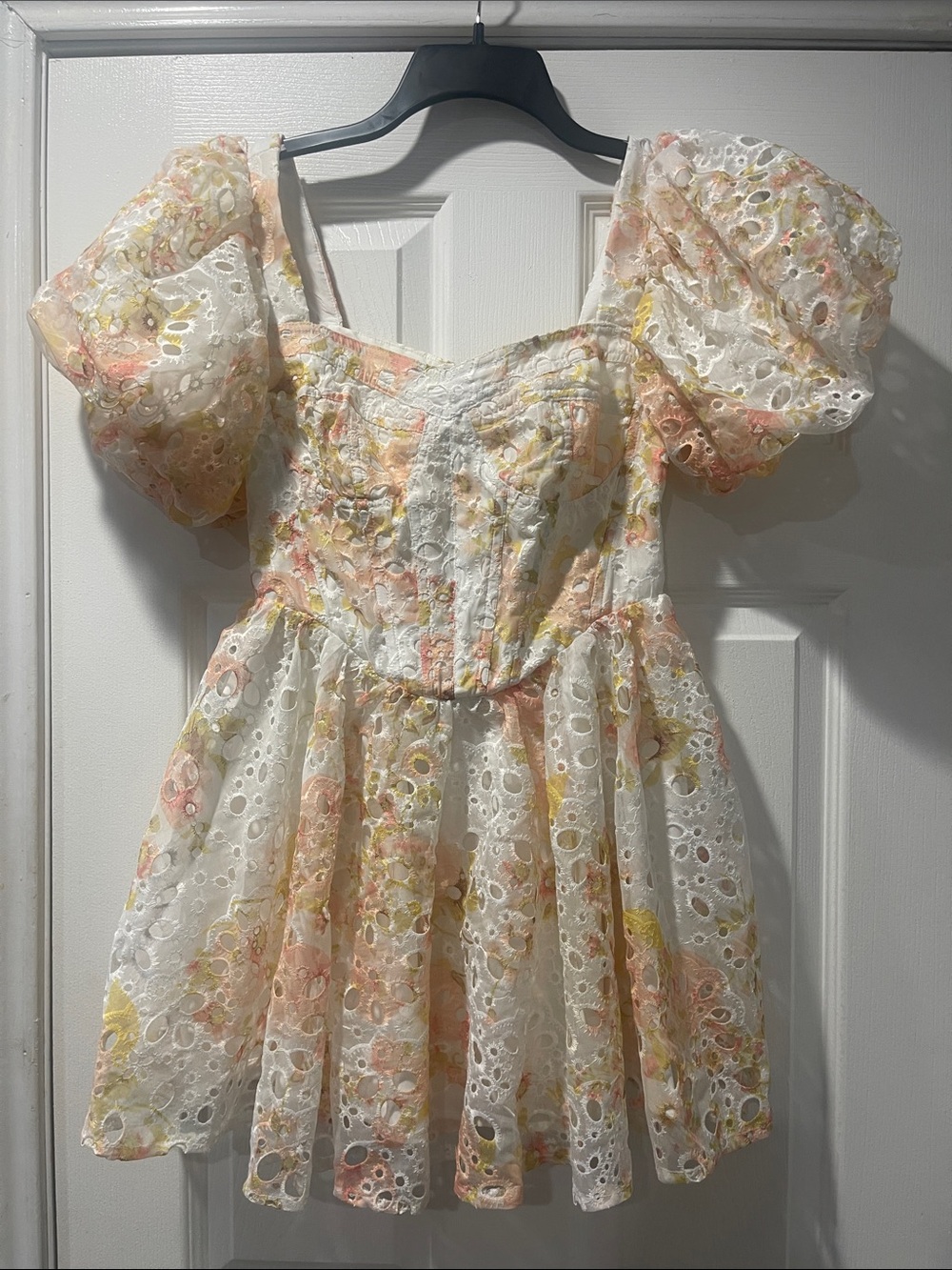 Altar'd State White Eyelet Dress with Peach, Pink & Yellow Floral